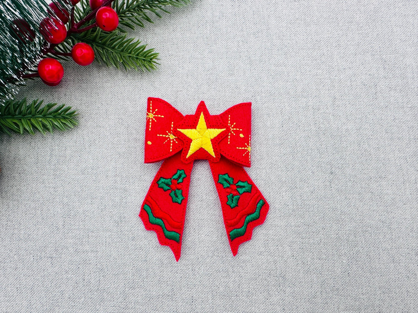 Christmas Star Bow 3D dimensional machine embroidery designs felt feltie design simply in the hoop ITH project kids girls accessory ornament