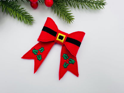 Christmas Santa Bow 3D dimensional machine embroidery designs felt feltie design simply in the hoop ITH project kids girls ornament hairclip