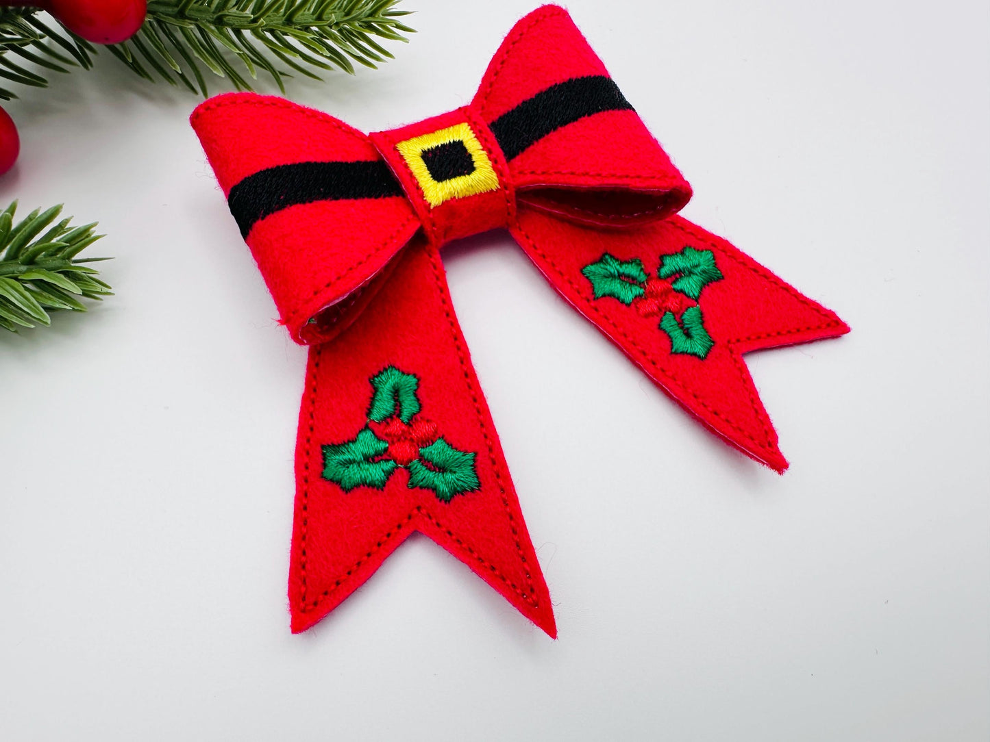 Christmas Santa Bow 3D dimensional machine embroidery designs felt feltie design simply in the hoop ITH project kids girls ornament hairclip