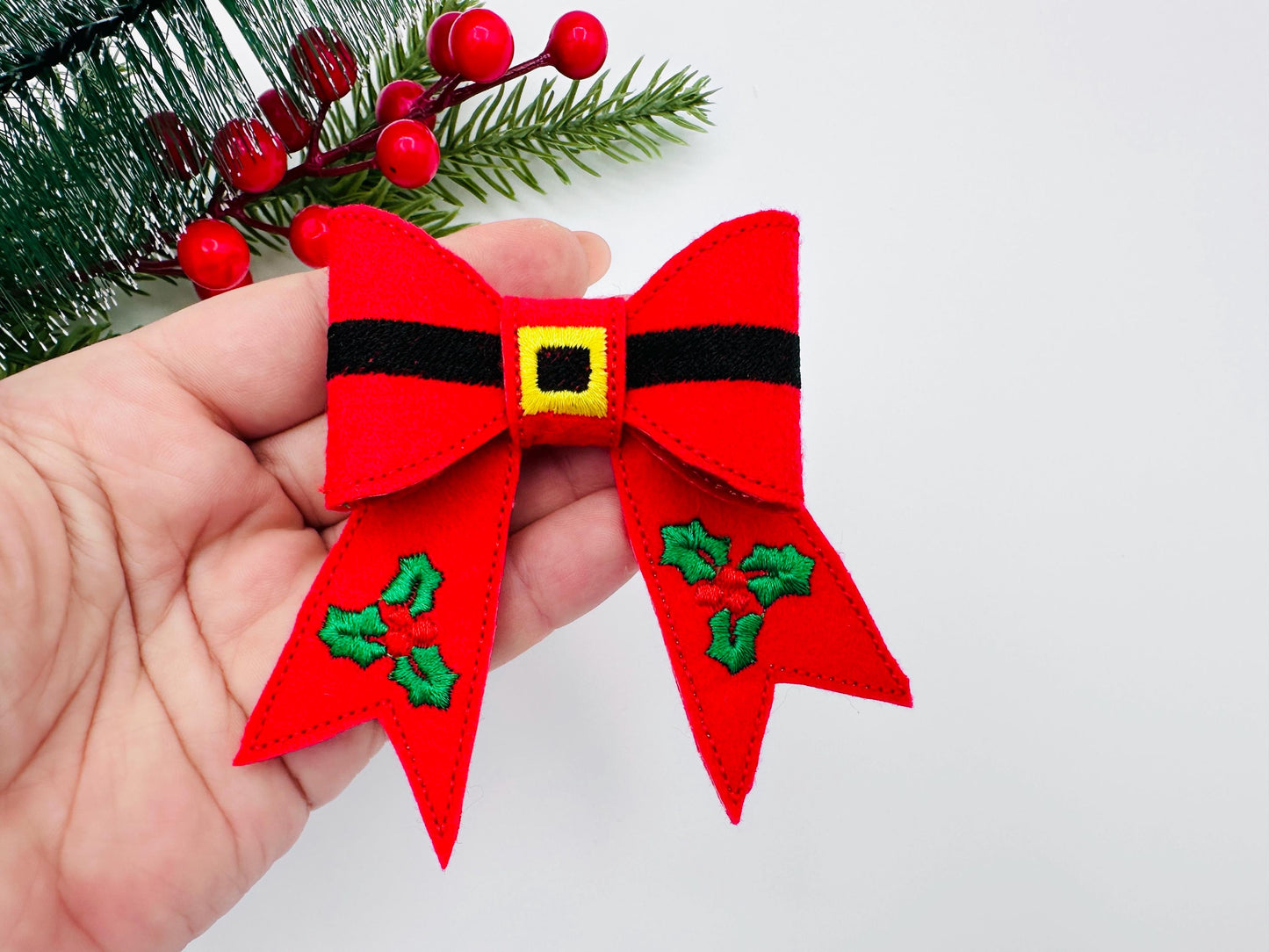 Christmas Santa Bow 3D dimensional machine embroidery designs felt feltie design simply in the hoop ITH project kids girls ornament hairclip