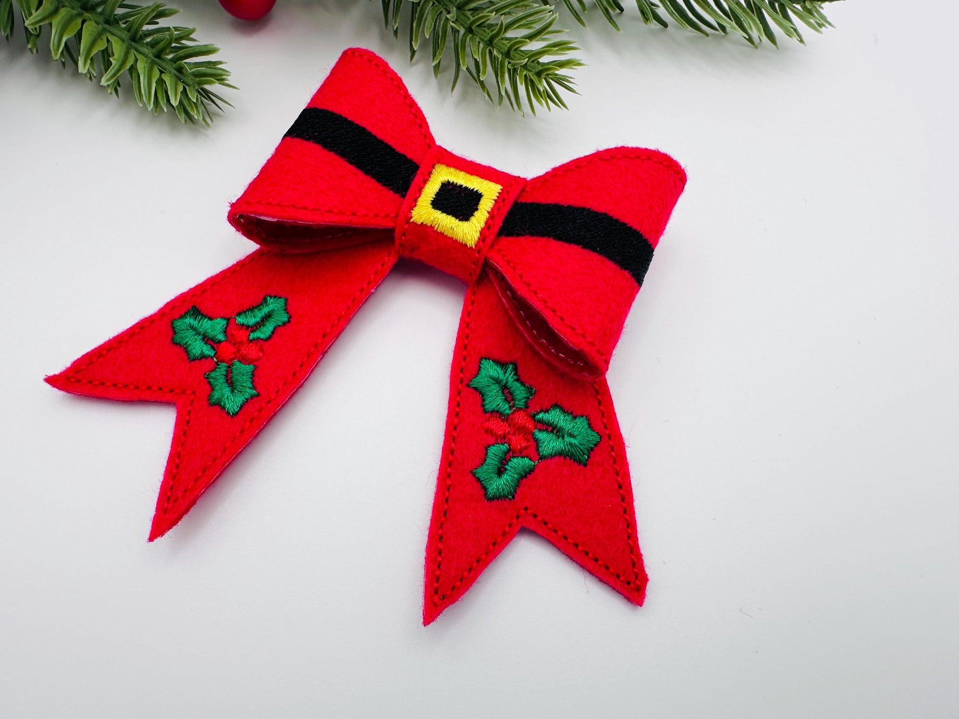 Christmas Santa Bow 3D dimensional machine embroidery designs felt feltie design simply in the hoop ITH project kids girls ornament hairclip