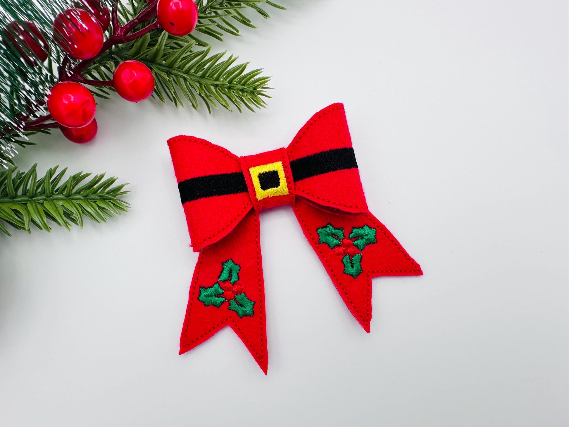 Christmas Santa Bow 3D dimensional machine embroidery designs felt feltie design simply in the hoop ITH project kids girls ornament hairclip