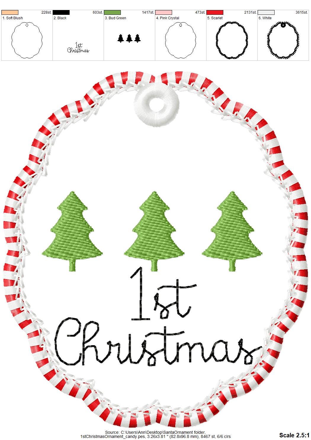 Classic Oval scalloped baby 1st Christmas Candy satin edge with Green Red thread  ornaments decoration design