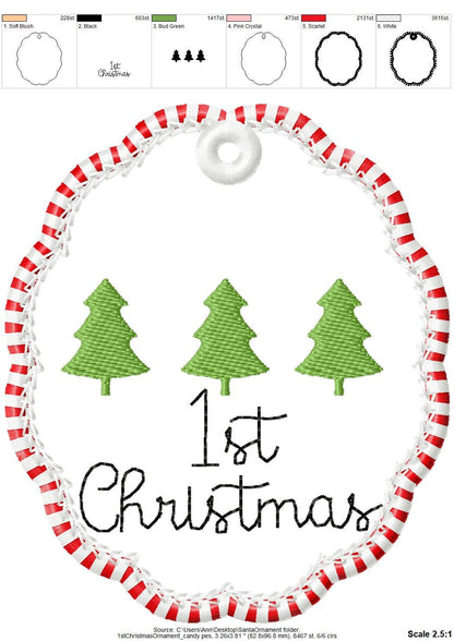 Classic Oval scalloped baby 1st Christmas Candy satin edge with Green Red thread  ornaments decoration design
