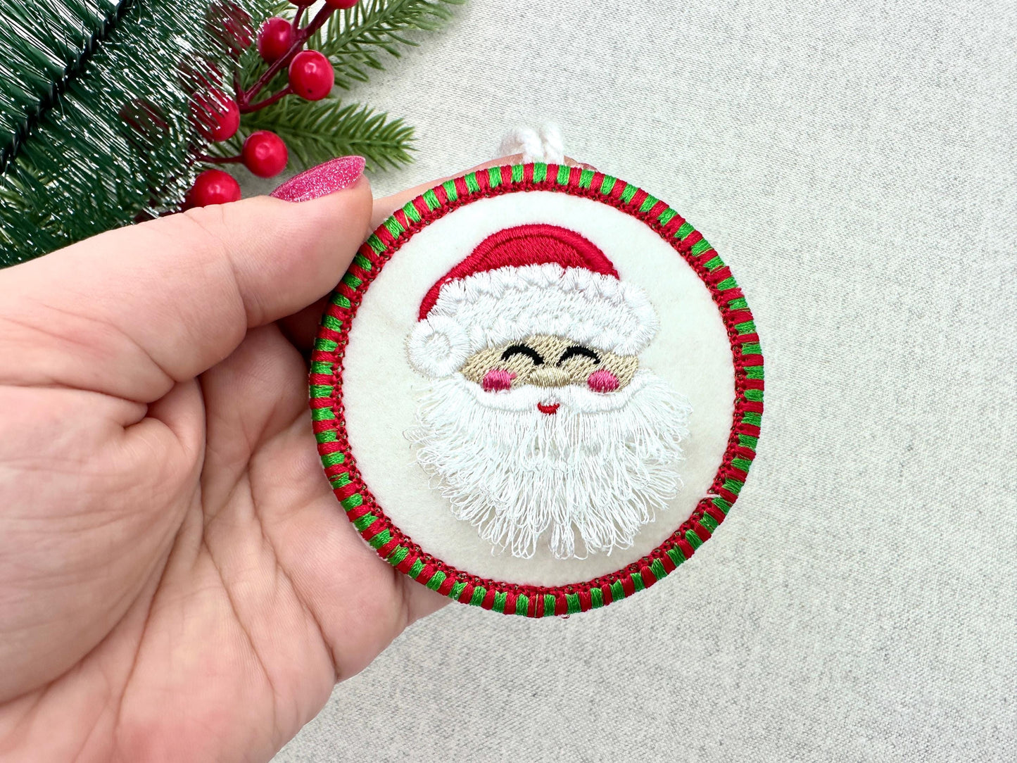 Candy satin edge with Green Red thread Fringed Santa Claus Circle Christmas ornaments decoration design