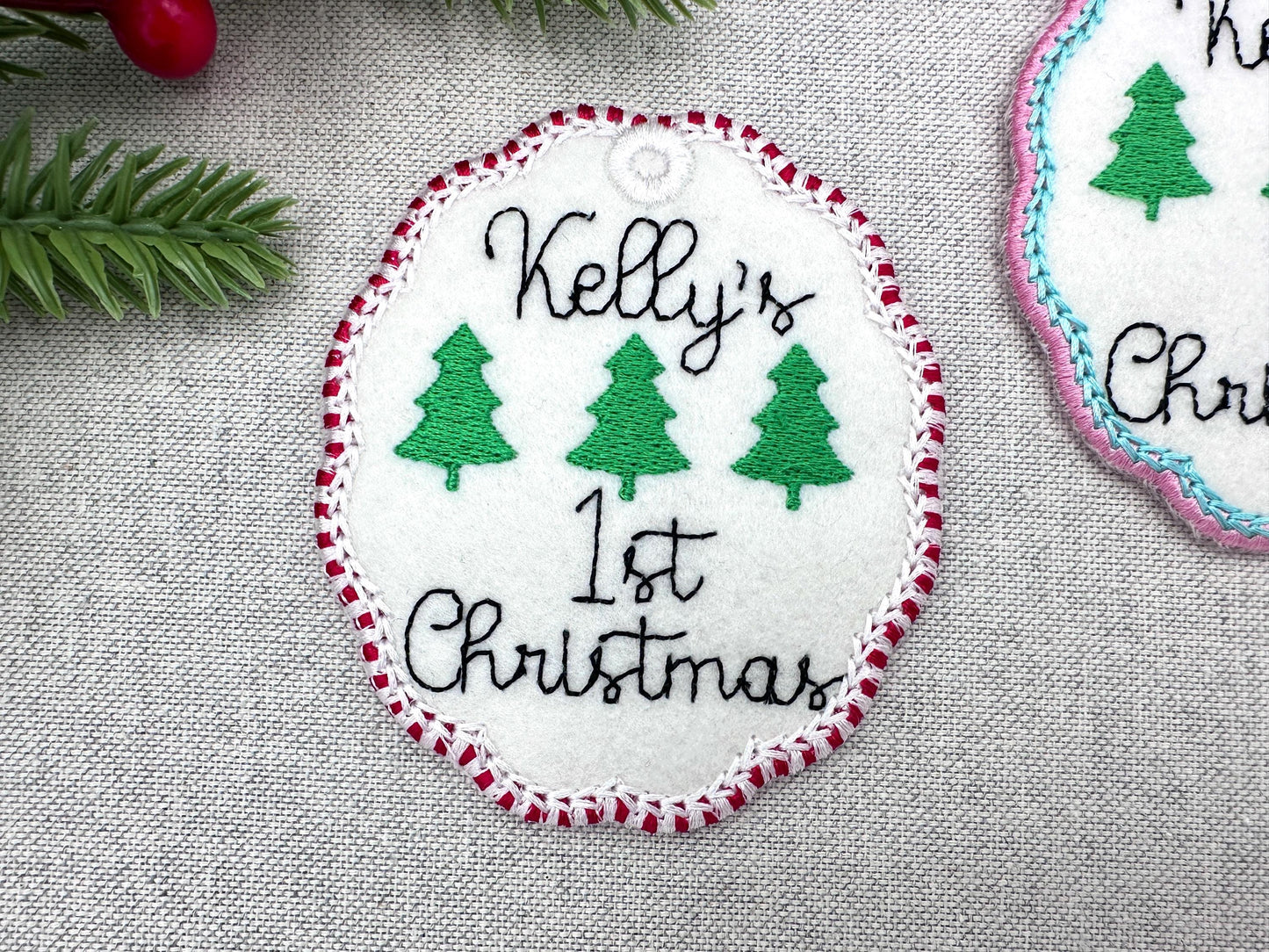 Classic Oval scalloped baby 1st Christmas Candy satin edge with Green Red thread  ornaments decoration design