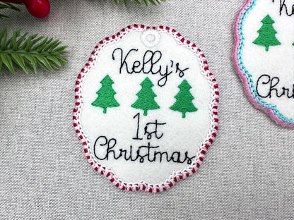 Classic Oval scalloped baby 1st Christmas Candy satin edge with Green Red thread  ornaments decoration design