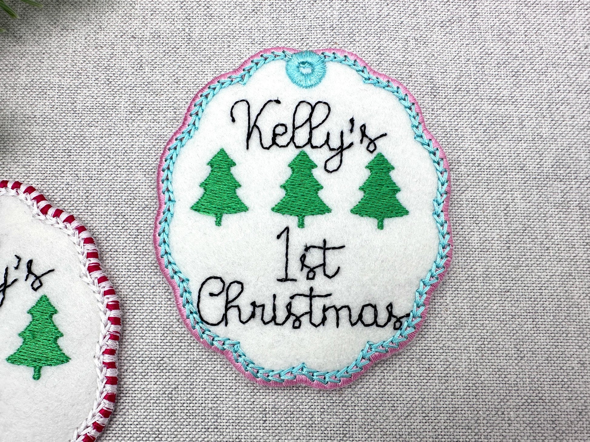 Classic Oval scalloped baby 1st Christmas Candy satin edge with Green Red thread  ornaments decoration design