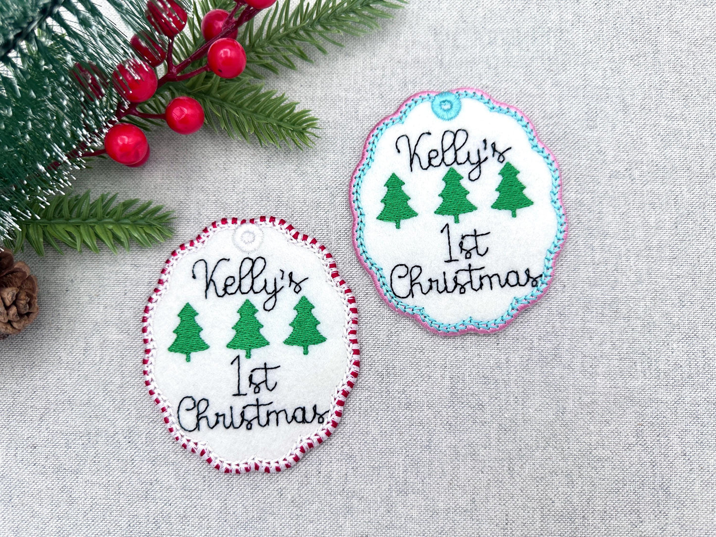 Classic Oval scalloped baby 1st Christmas Candy satin edge with Green Red thread  ornaments decoration design