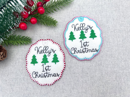 Classic Oval scalloped baby 1st Christmas Candy satin edge with Green Red thread  ornaments decoration design