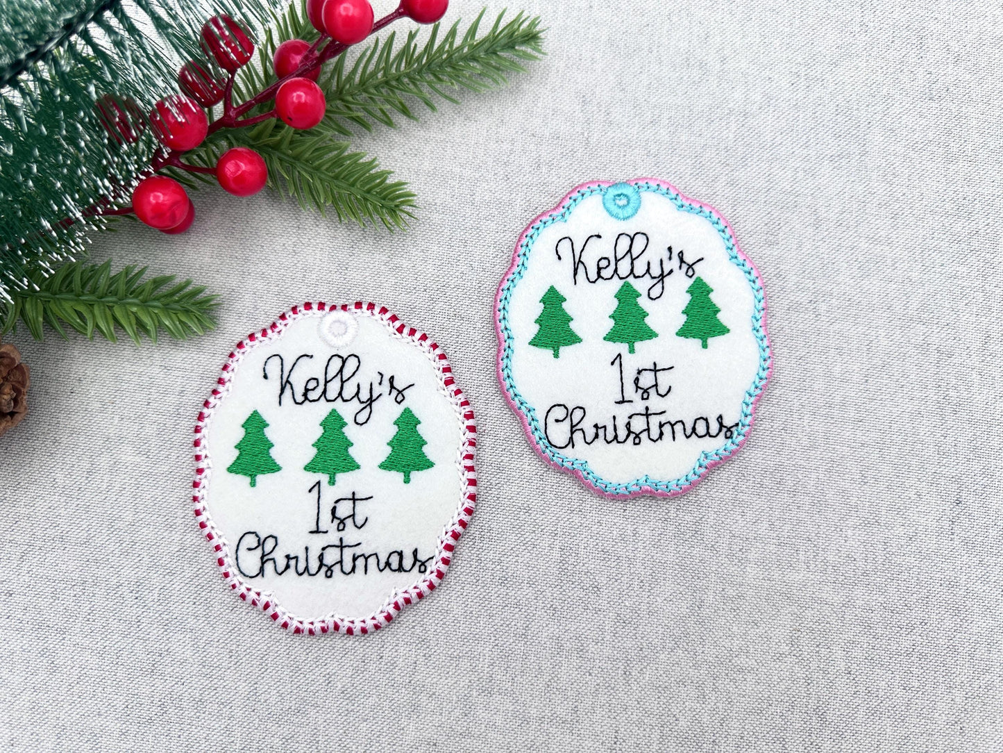 Classic Oval scalloped baby 1st Christmas Candy satin edge with Green Red thread  ornaments decoration design