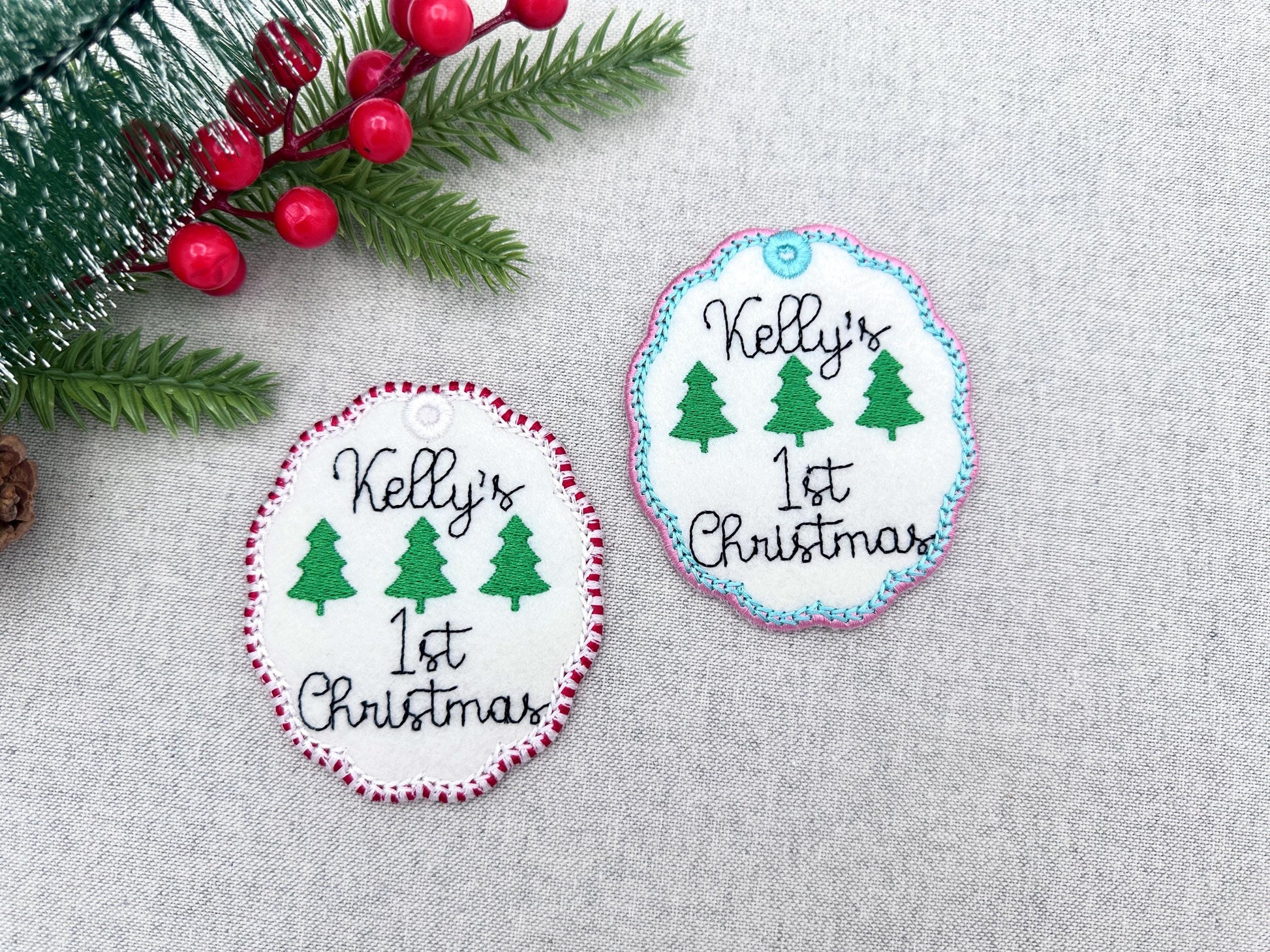 Classic Oval scalloped baby 1st Christmas Candy satin edge with Green Red thread  ornaments decoration design