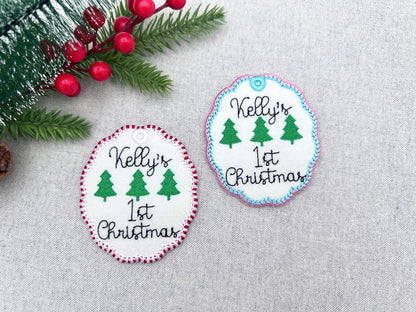 Classic Oval scalloped baby 1st Christmas Candy satin edge with Green Red thread  ornaments decoration design