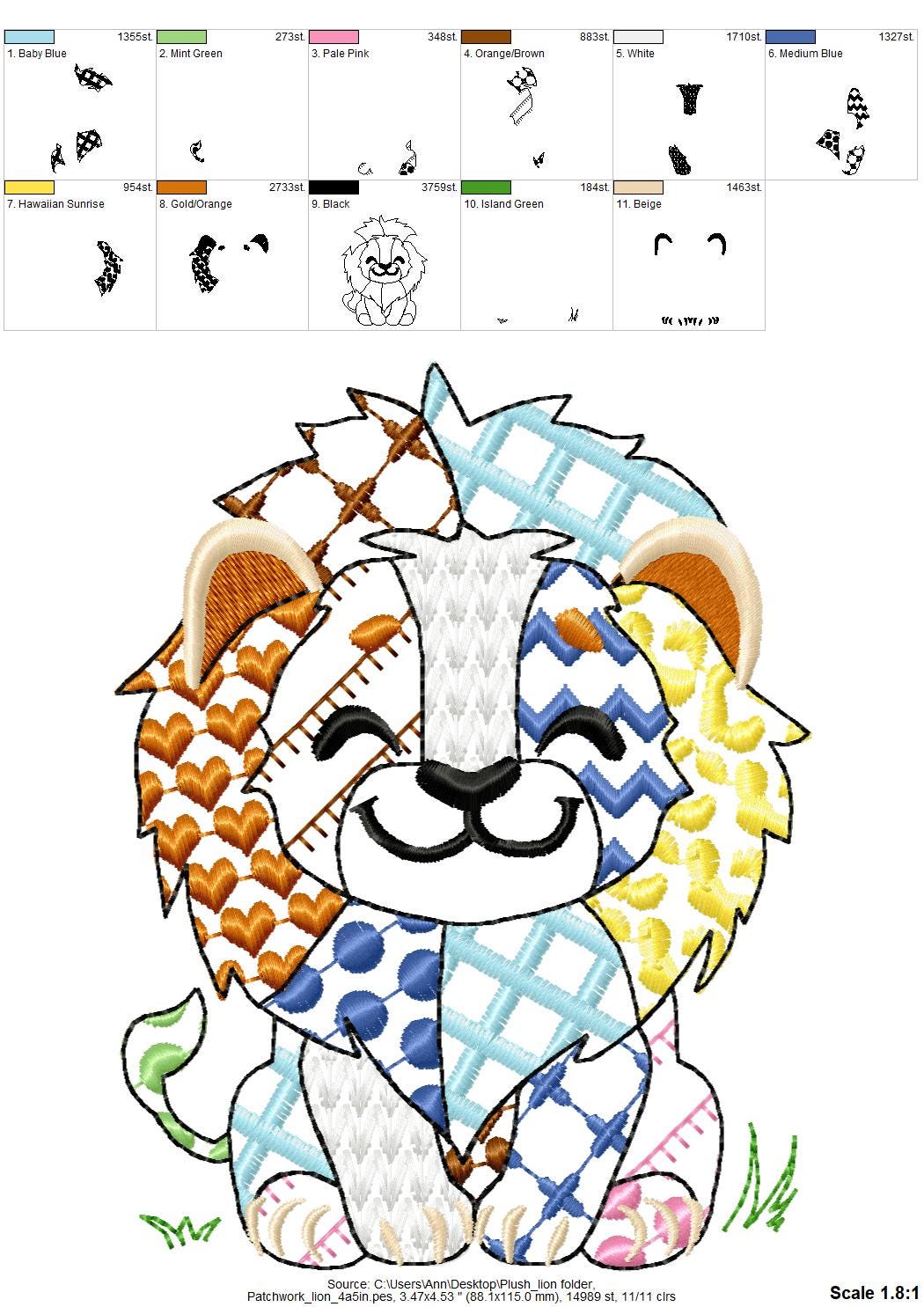 Cute little Patchwork Lion awesome patterned outline animal machine embroidery designs light stitch baby girls boys