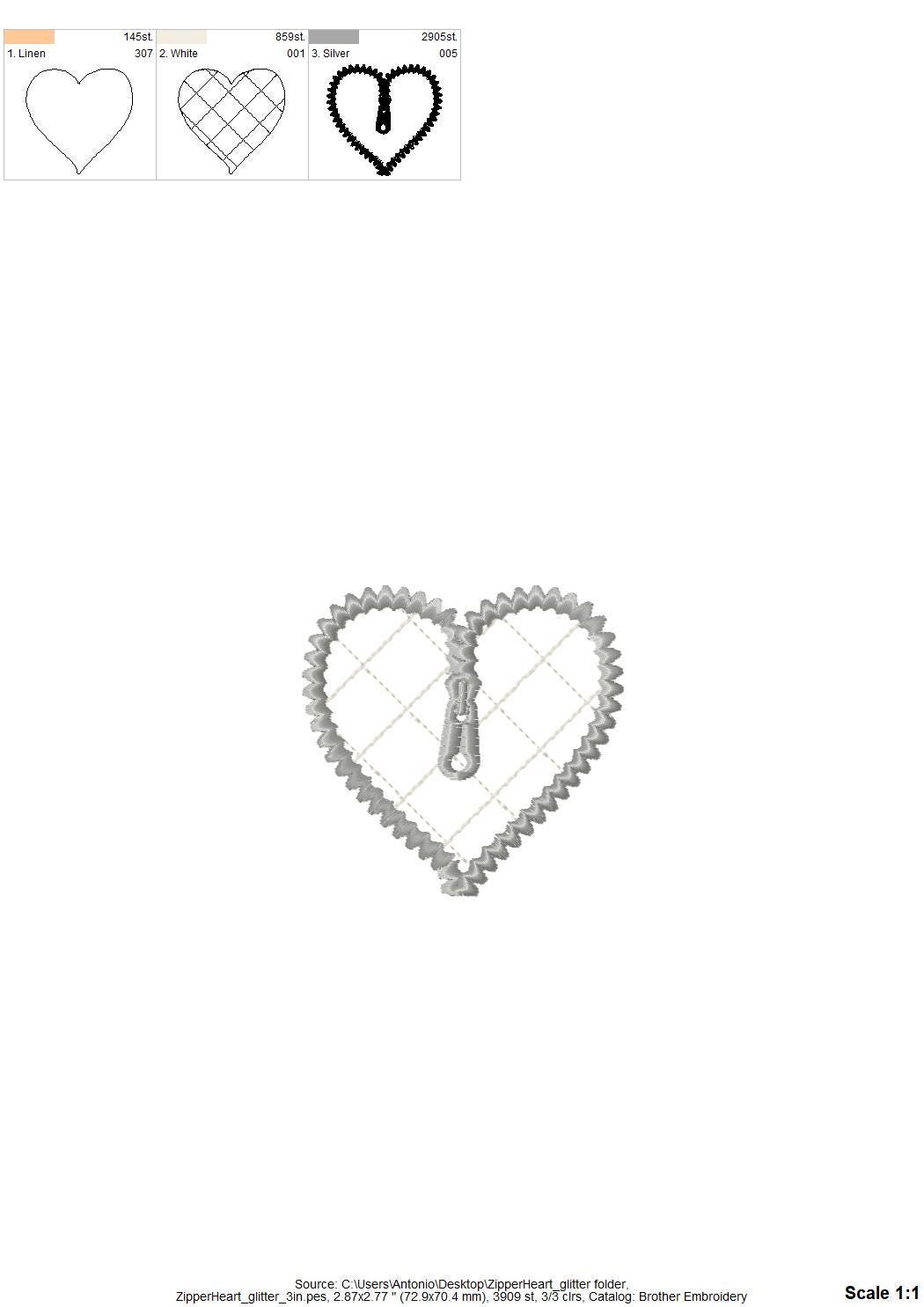 HTV glitter vinyl Zipper Heart Applique machine embroidery designs kids girls Valentines Day Heart shape design