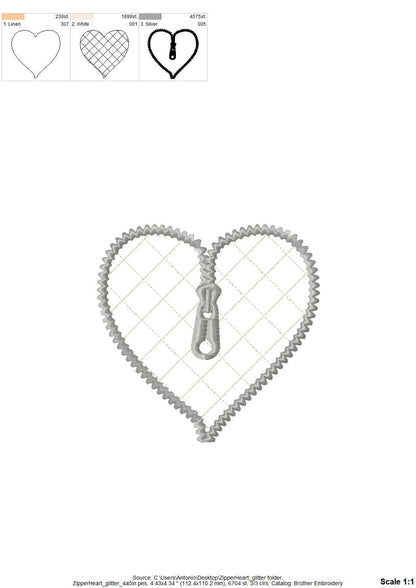 HTV glitter vinyl Zipper Heart Applique machine embroidery designs kids girls Valentines Day Heart shape design