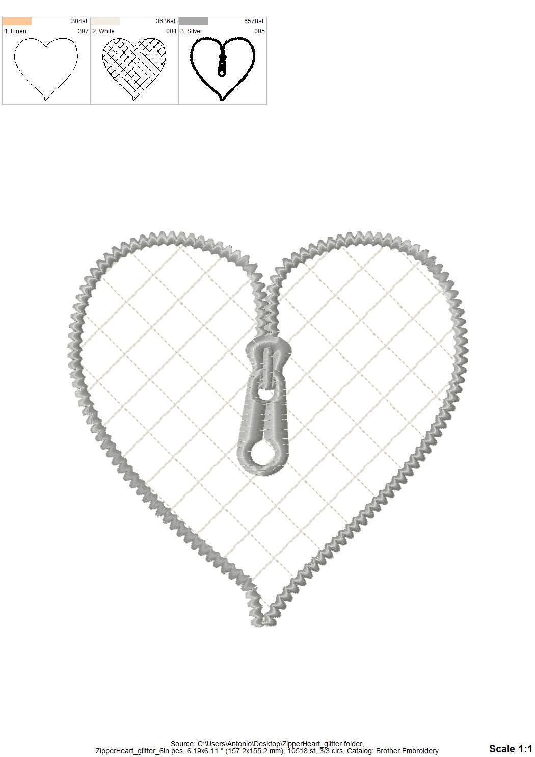 HTV glitter vinyl Zipper Heart Applique machine embroidery designs kids girls Valentines Day Heart shape design