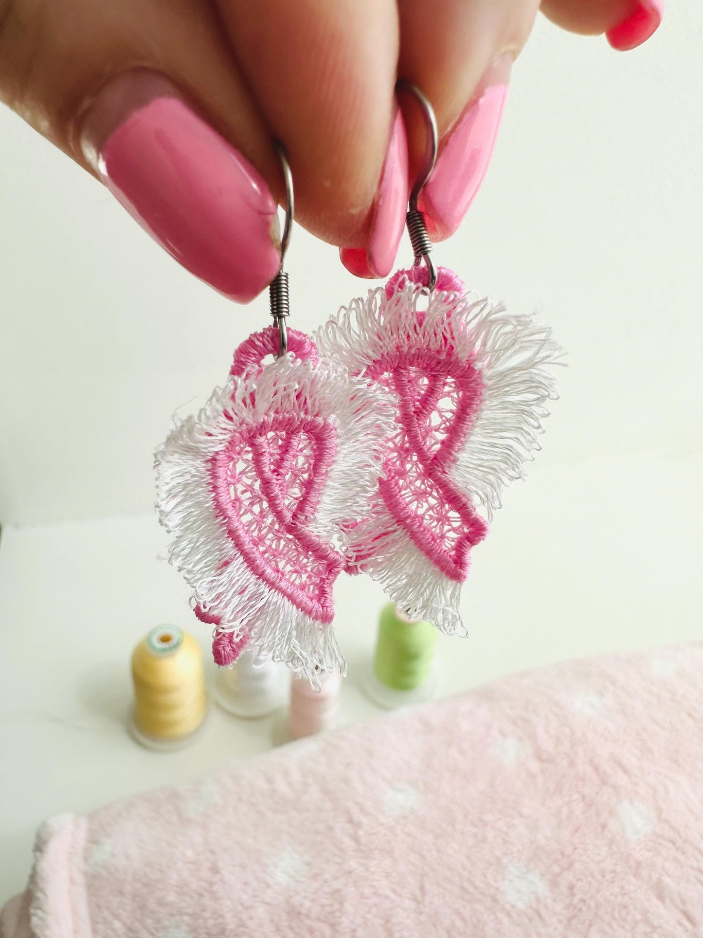 Fringed Pink Ribbon Earrings FSL