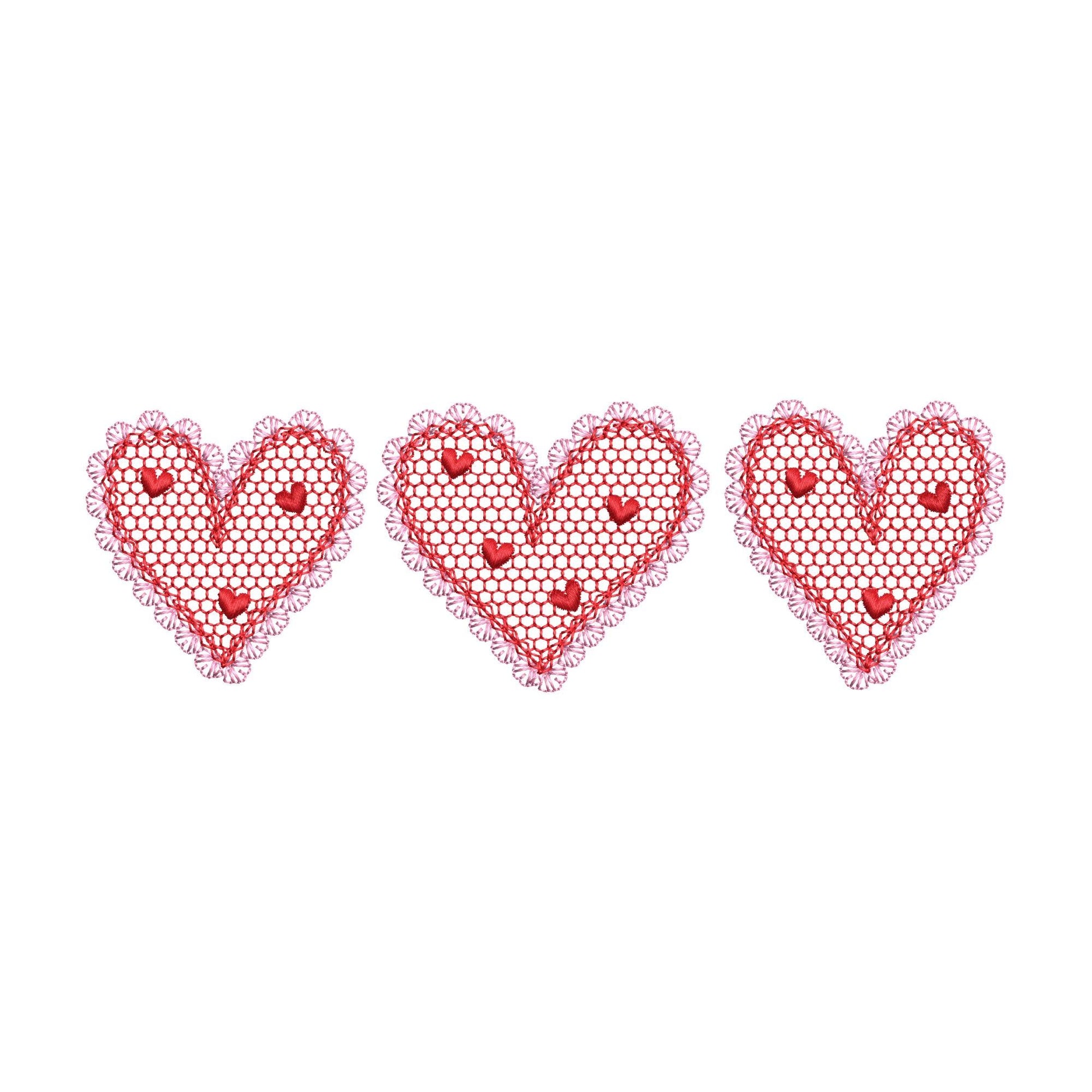 Three Hearts in a row Heart patterned lace effect and awesome lace edge machine embroidery designs sizes 5 up to 9 in Valentines Day Border