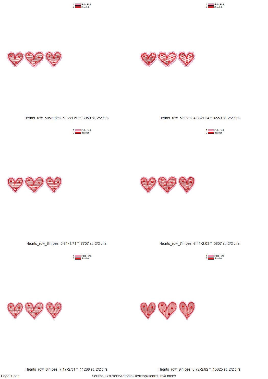 Three Hearts in a row Heart patterned lace effect and awesome lace edge machine embroidery designs sizes 5 up to 9 in Valentines Day Border