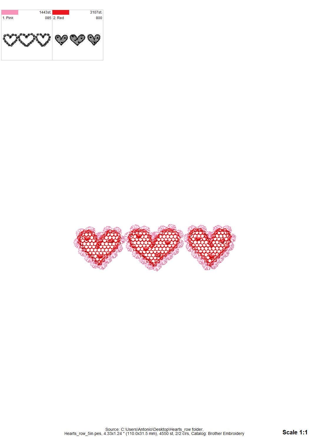Three Hearts in a row Heart patterned lace effect and awesome lace edge machine embroidery designs sizes 5 up to 9 in Valentines Day Border