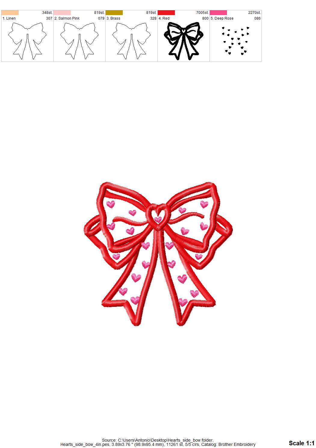 Heart patterned split seam Side Bow Heart Heirloom Applique machine embroidery designs Valentines day Girly Bow