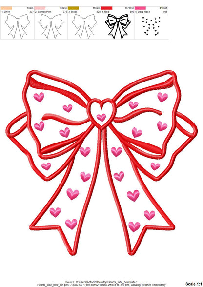 Heart patterned split seam Side Bow Heart Heirloom Applique machine embroidery designs Valentines day Girly Bow
