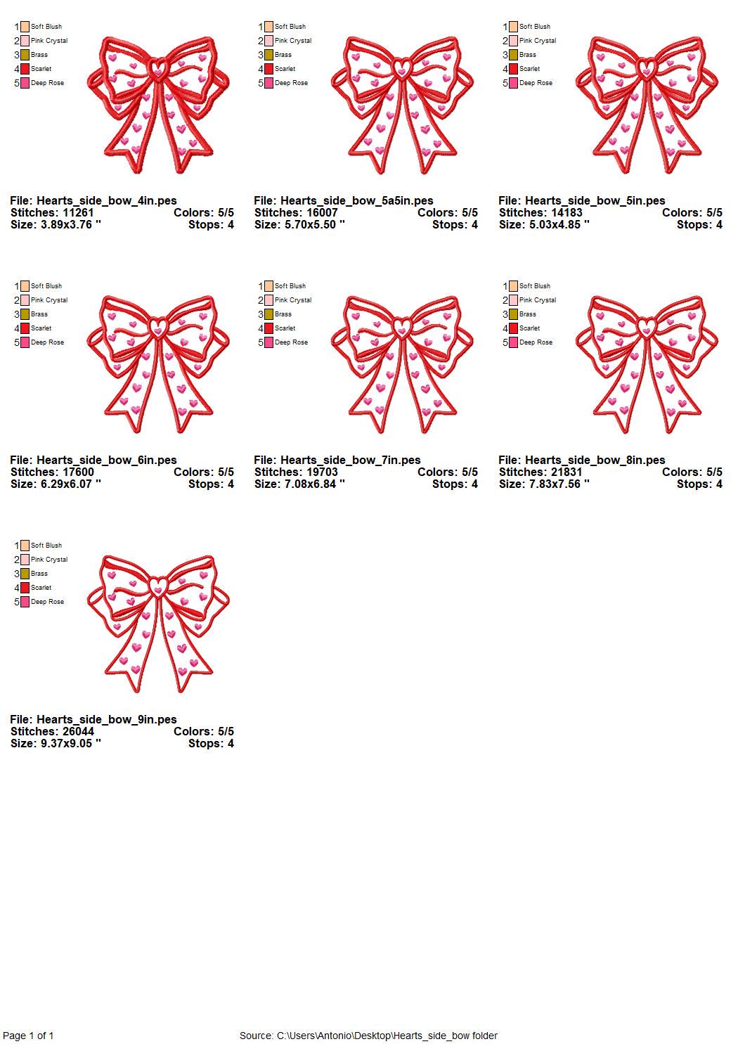 Heart patterned split seam Side Bow Heart Heirloom Applique machine embroidery designs Valentines day Girly Bow