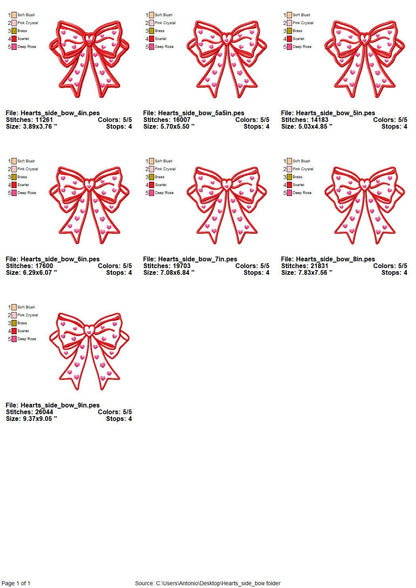 Heart patterned split seam Side Bow Heart Heirloom Applique machine embroidery designs Valentines day Girly Bow