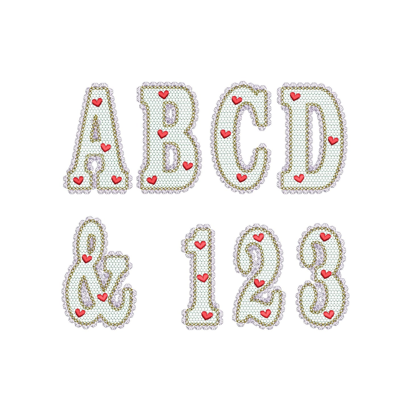 Lace Edge Valentine FONT lace patterned Alphabet Monogram Heart patterned letters machine embroidery designs sizes 2.9 up to 5.4 inch, BX