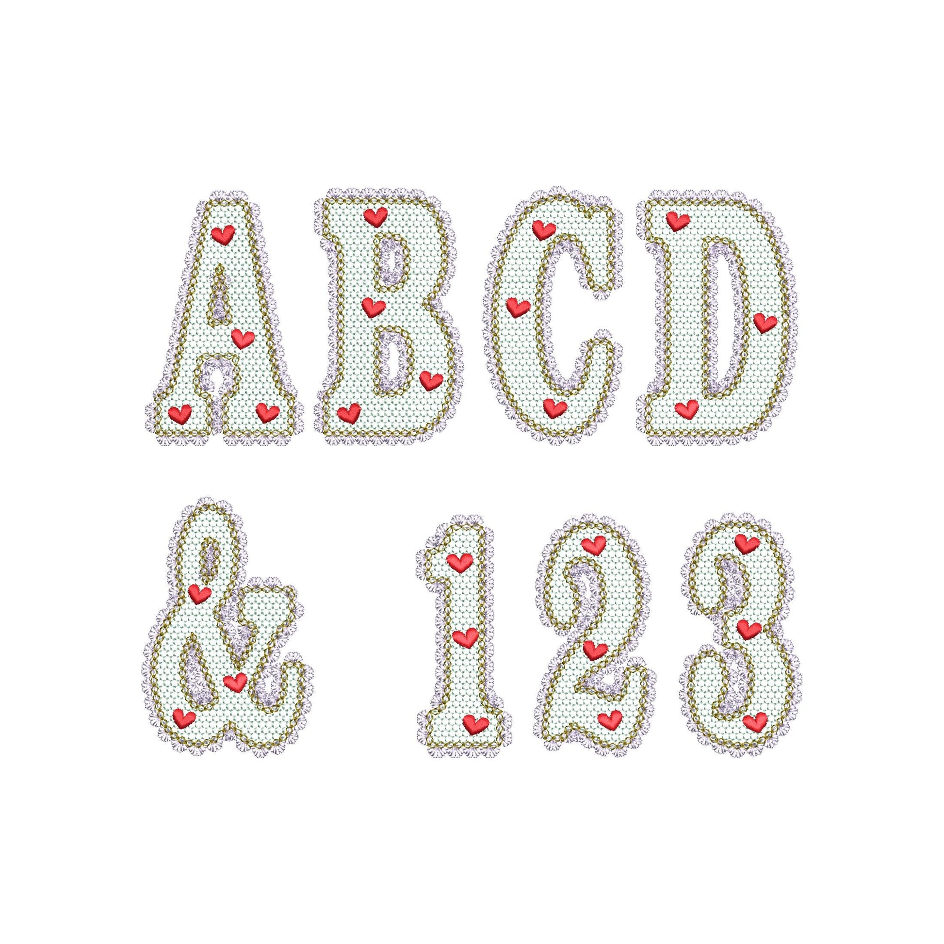 Lace Edge Valentine FONT lace patterned Alphabet Monogram Heart patterned letters machine embroidery designs sizes 2.9 up to 5.4 inch, BX