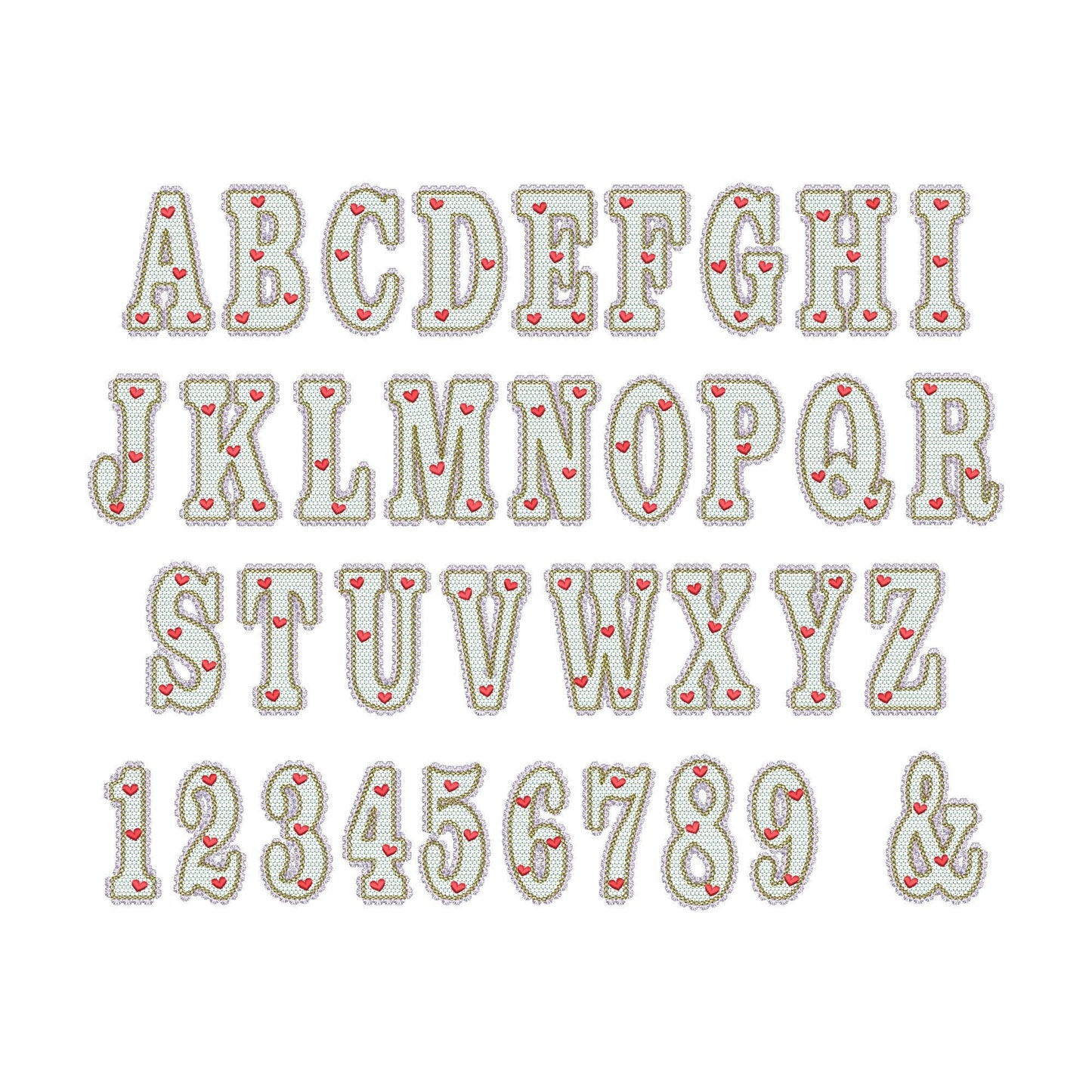 Lace Edge Valentine FONT lace patterned Alphabet Monogram Heart patterned letters machine embroidery designs sizes 2.9 up to 5.4 inch, BX