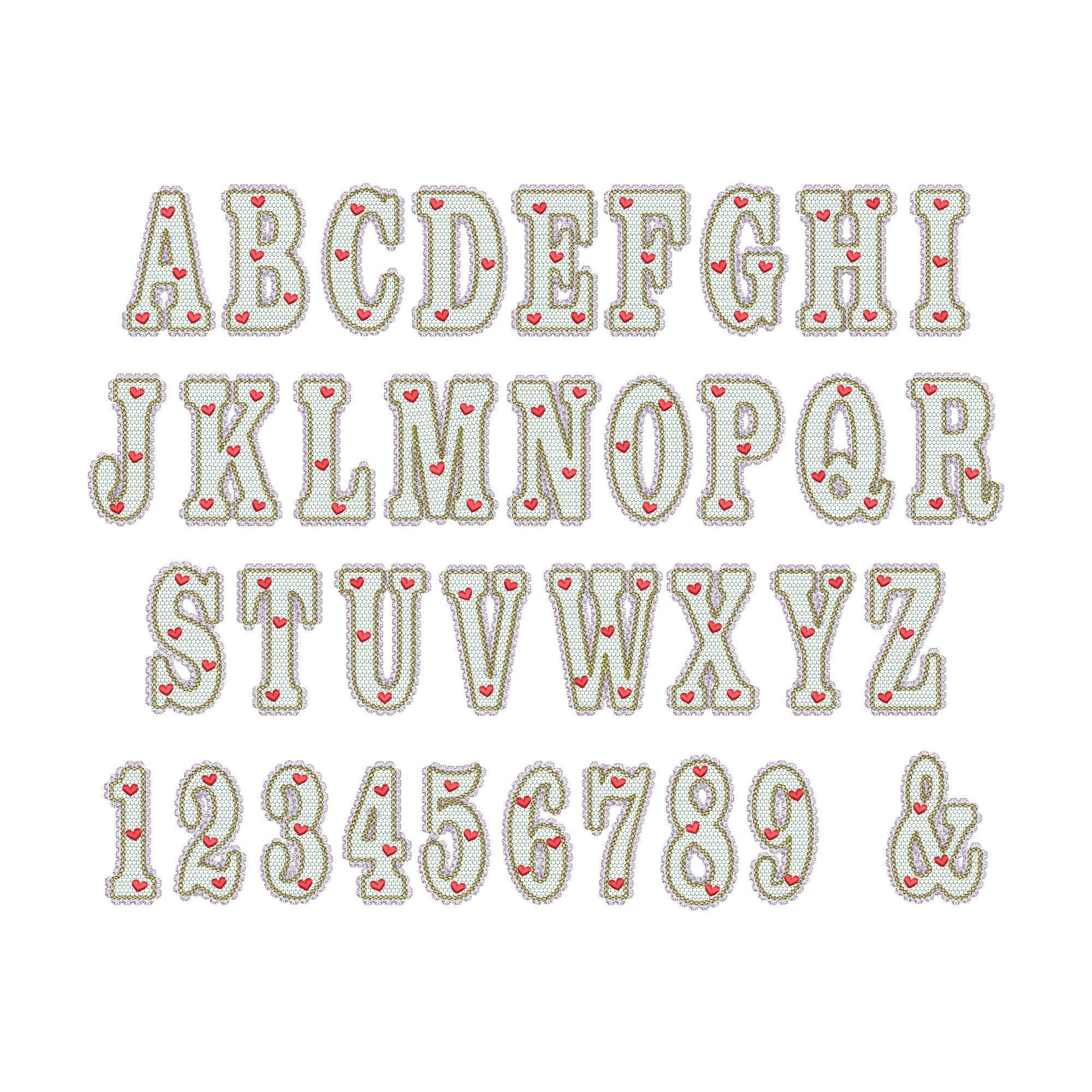 Lace Edge Valentine FONT lace patterned Alphabet Monogram Heart patterned letters machine embroidery designs sizes 2.9 up to 5.4 inch, BX