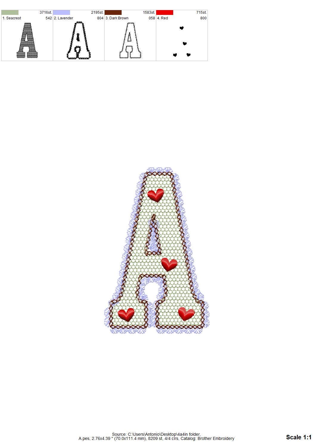 Lace Edge Valentine FONT lace patterned Alphabet Monogram Heart patterned letters machine embroidery designs sizes 2.9 up to 5.4 inch, BX