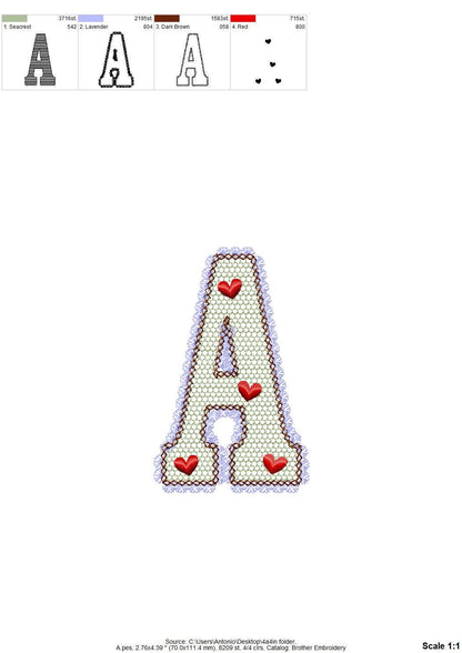 Lace Edge Valentine FONT lace patterned Alphabet Monogram Heart patterned letters machine embroidery designs sizes 2.9 up to 5.4 inch, BX