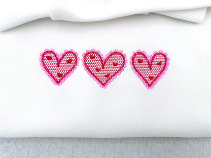 Three Hearts in a row Heart patterned lace effect and awesome lace edge machine embroidery designs sizes 5 up to 9 in Valentines Day Border