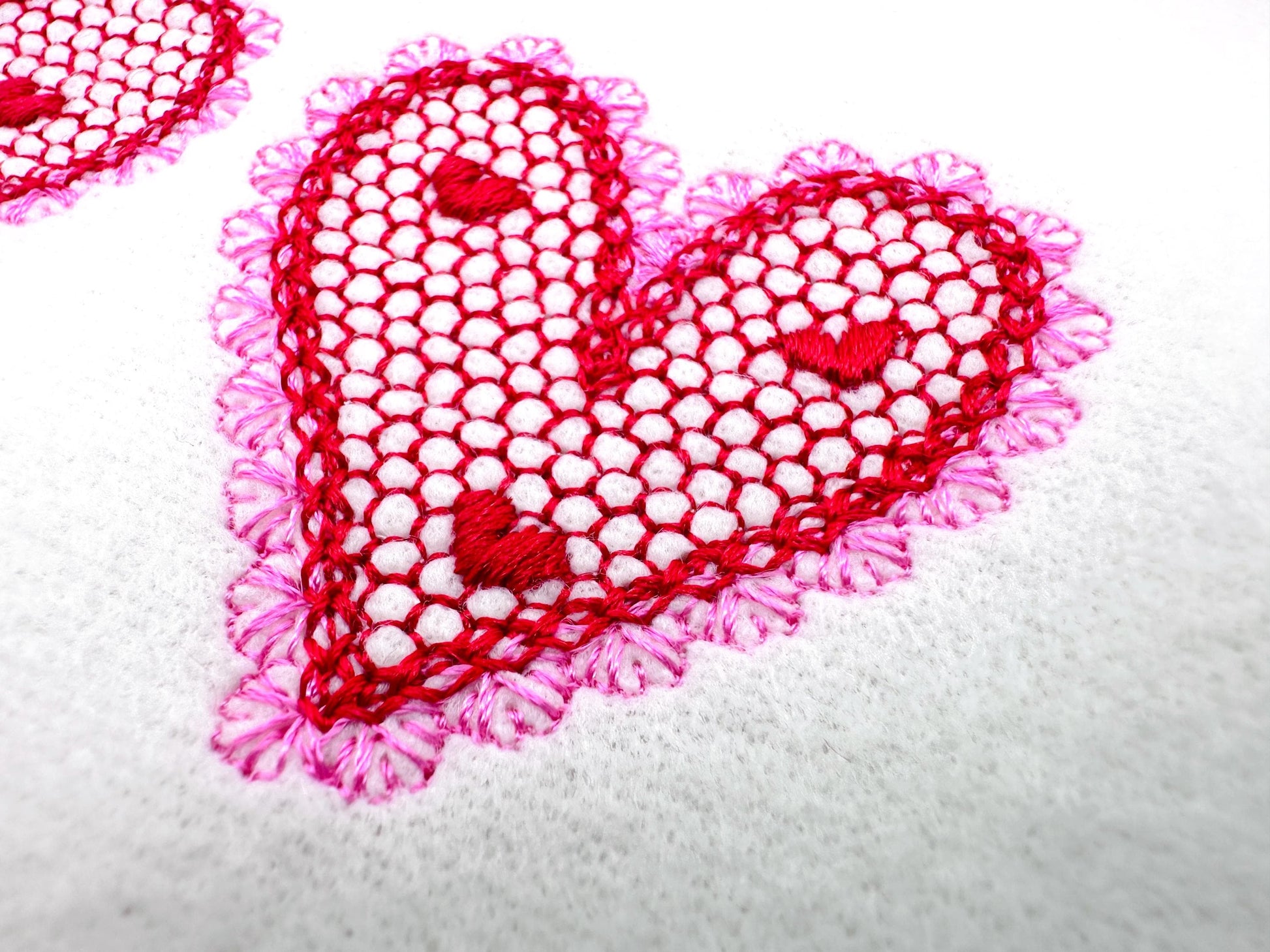 Three Hearts in a row Heart patterned lace effect and awesome lace edge machine embroidery designs sizes 5 up to 9 in Valentines Day Border