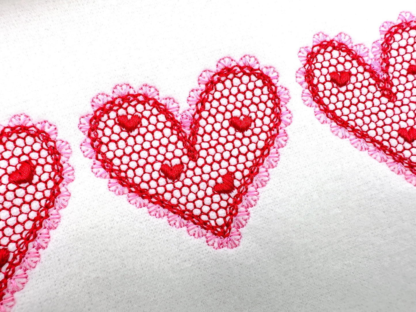 Three Hearts in a row Heart patterned lace effect and awesome lace edge machine embroidery designs sizes 5 up to 9 in Valentines Day Border