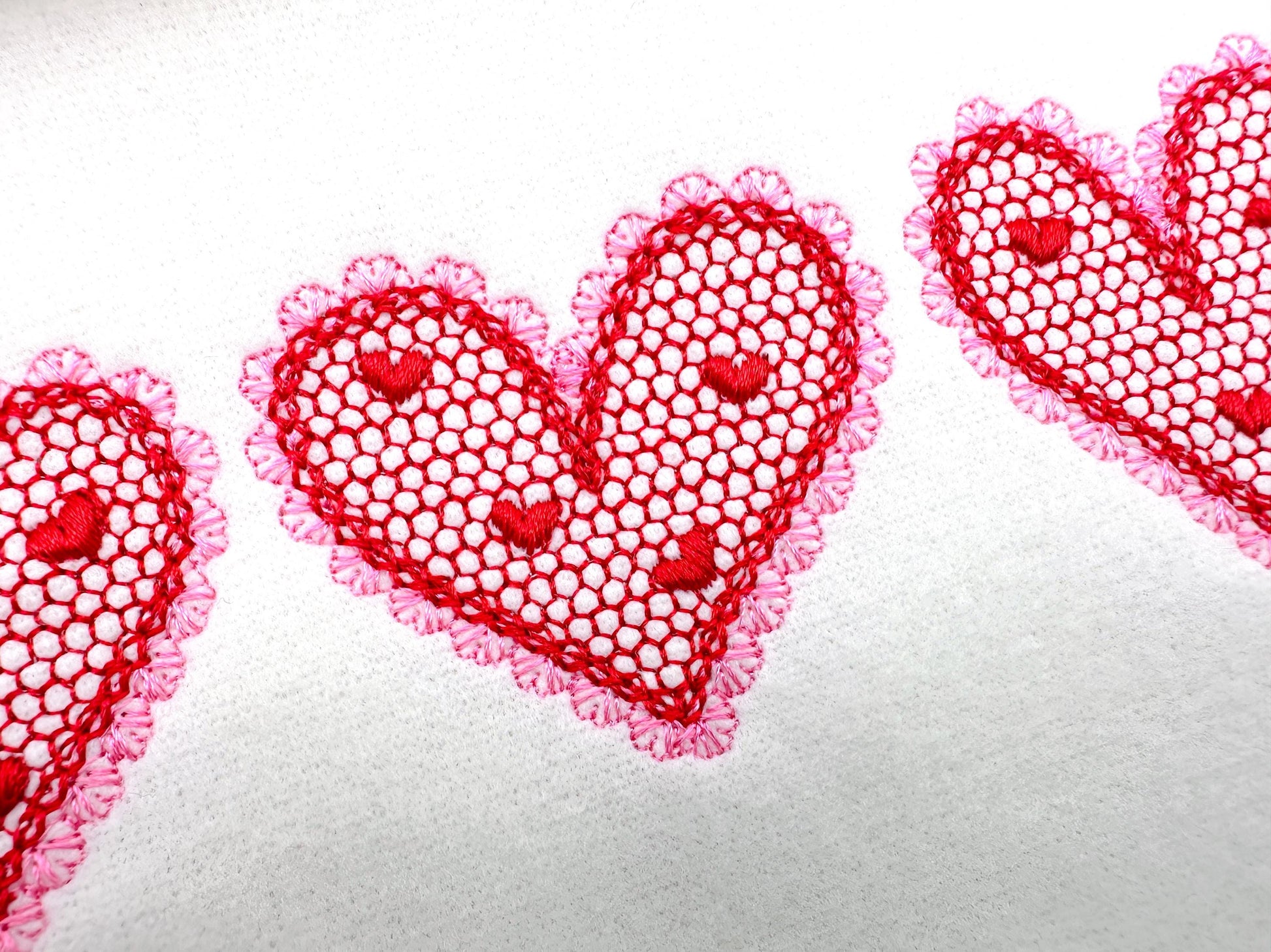 Three Hearts in a row Heart patterned lace effect and awesome lace edge machine embroidery designs sizes 5 up to 9 in Valentines Day Border