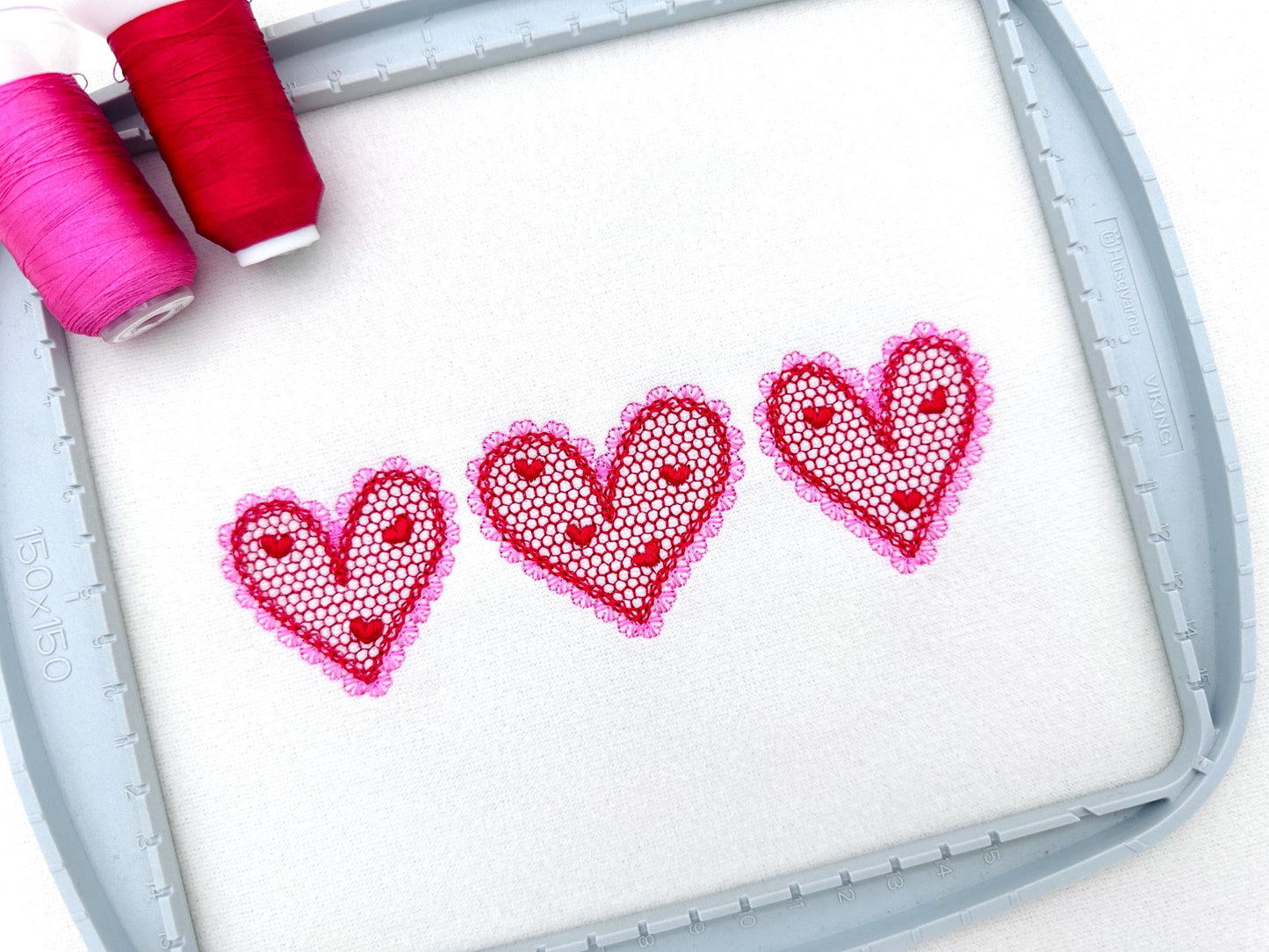 Three Hearts in a row Heart patterned lace effect and awesome lace edge machine embroidery designs sizes 5 up to 9 in Valentines Day Border