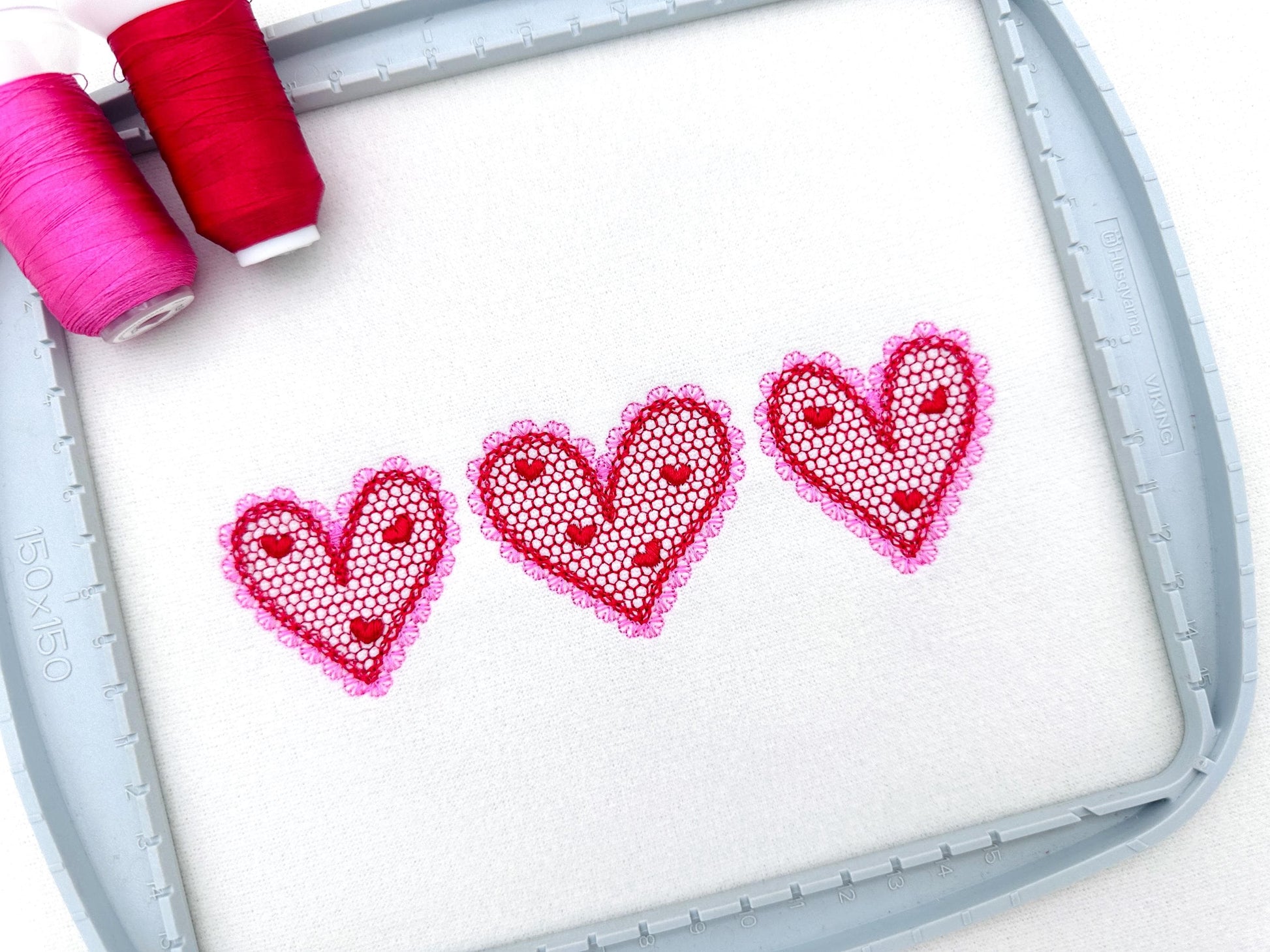Three Hearts in a row Heart patterned lace effect and awesome lace edge machine embroidery designs sizes 5 up to 9 in Valentines Day Border