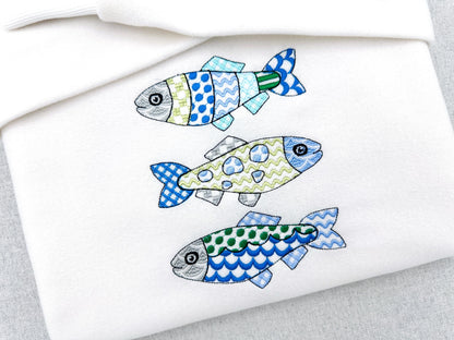 Patchwork Fish SET of 3 cute patterned Fish outline kids baby nautical Fisher Fisherman machine embroidery designs