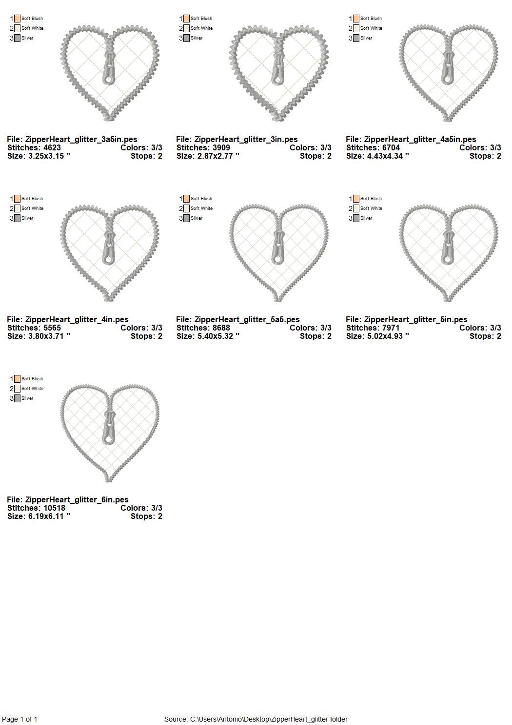 HTV glitter vinyl Zipper Heart Applique machine embroidery designs kids girls Valentines Day Heart shape design