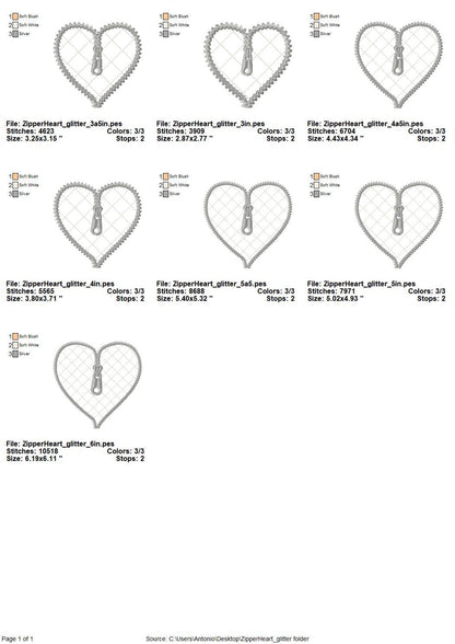 HTV glitter vinyl Zipper Heart Applique machine embroidery designs kids girls Valentines Day Heart shape design