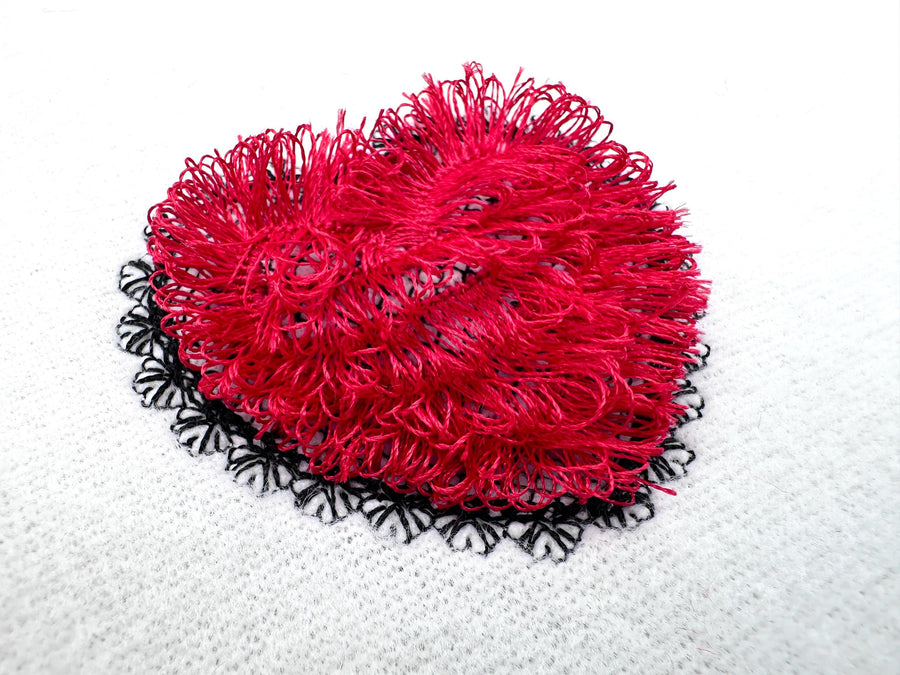 Lace Edge Fringed Valentine Heart chenille awesome Fringe Heart fringe ITH in the hoop machine embroidery designs mini sizes 1.5 up to 3 in