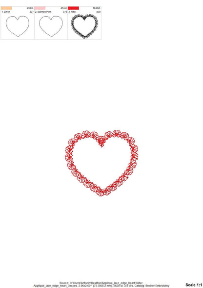 Delicate Lace Edge Heart Applique kids baby girls Valentine Monogram Heart shape frame machine embroidery designs sizes 3 up to 6 inch