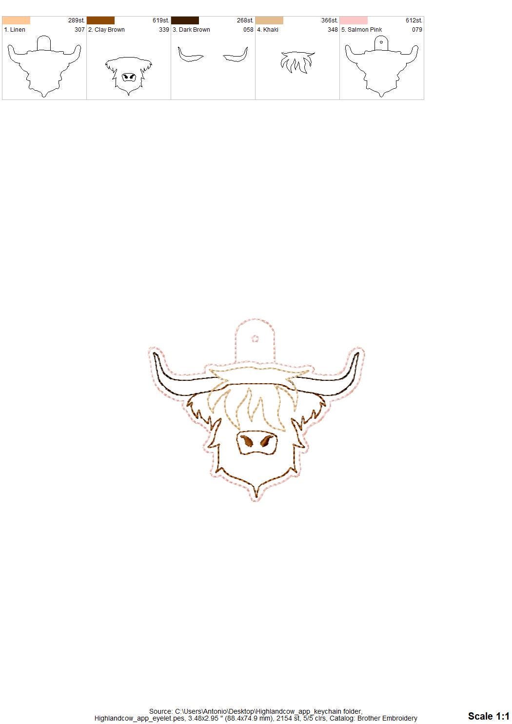 Rustic Highland Cow Bull Applique Eyelet and Key Fob Snap Tab keychain in the hoop machine embroidery designs ITH men boys key tag gift idea