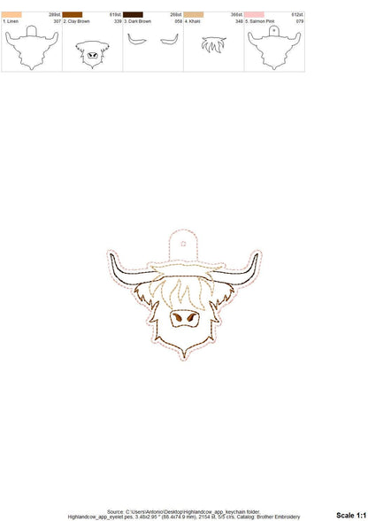 Rustic Highland Cow Bull Applique Eyelet and Key Fob Snap Tab keychain in the hoop machine embroidery designs ITH men boys key tag gift idea