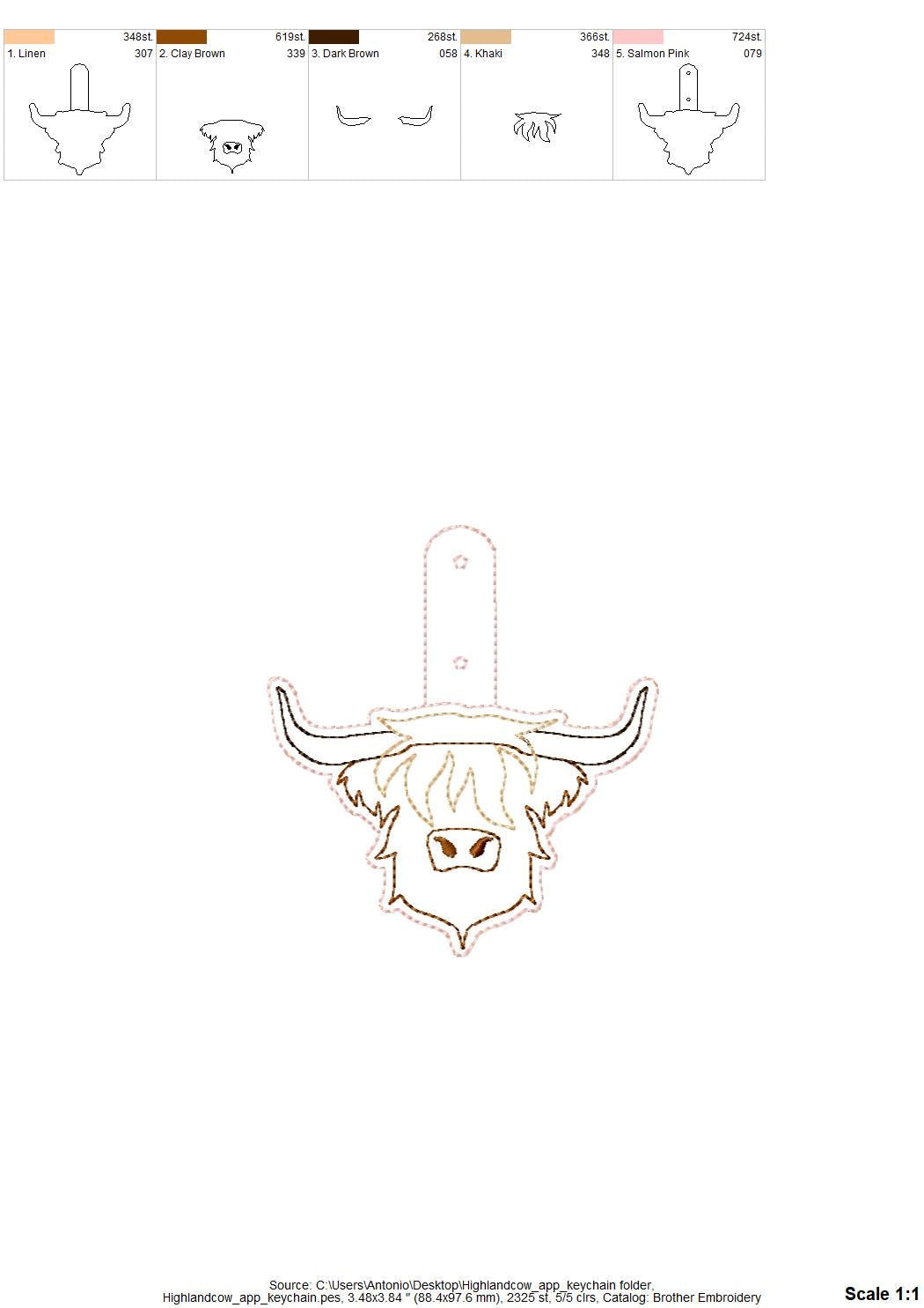 Rustic Highland Cow Bull Applique Eyelet and Key Fob Snap Tab keychain in the hoop machine embroidery designs ITH men boys key tag gift idea