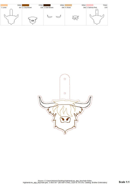 Rustic Highland Cow Bull Applique Eyelet and Key Fob Snap Tab keychain in the hoop machine embroidery designs ITH men boys key tag gift idea